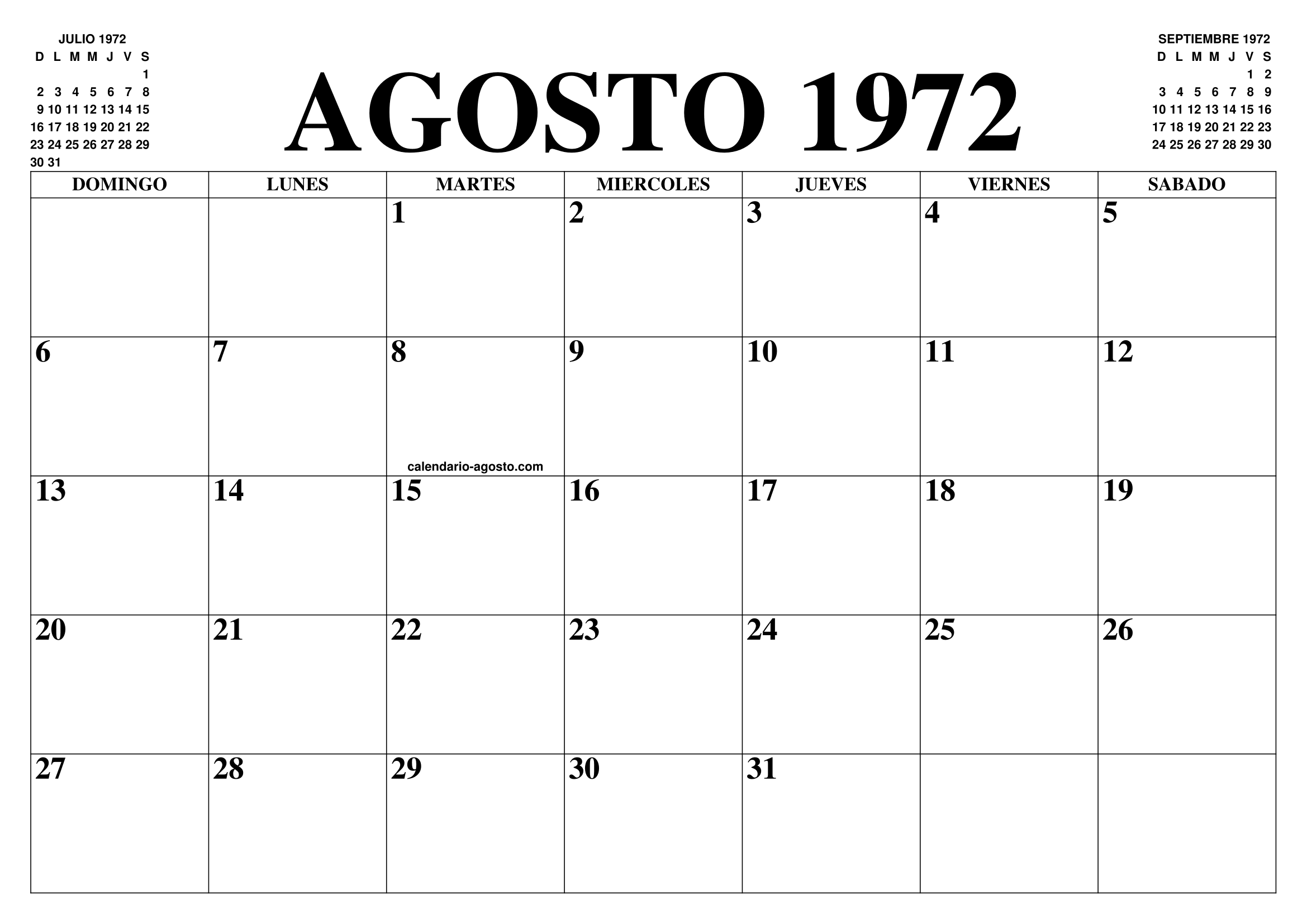 CALENDARIO AGOSTO 1972 EL CALENDARIO AGOSTO PARA IMPRIMIR GRATIS