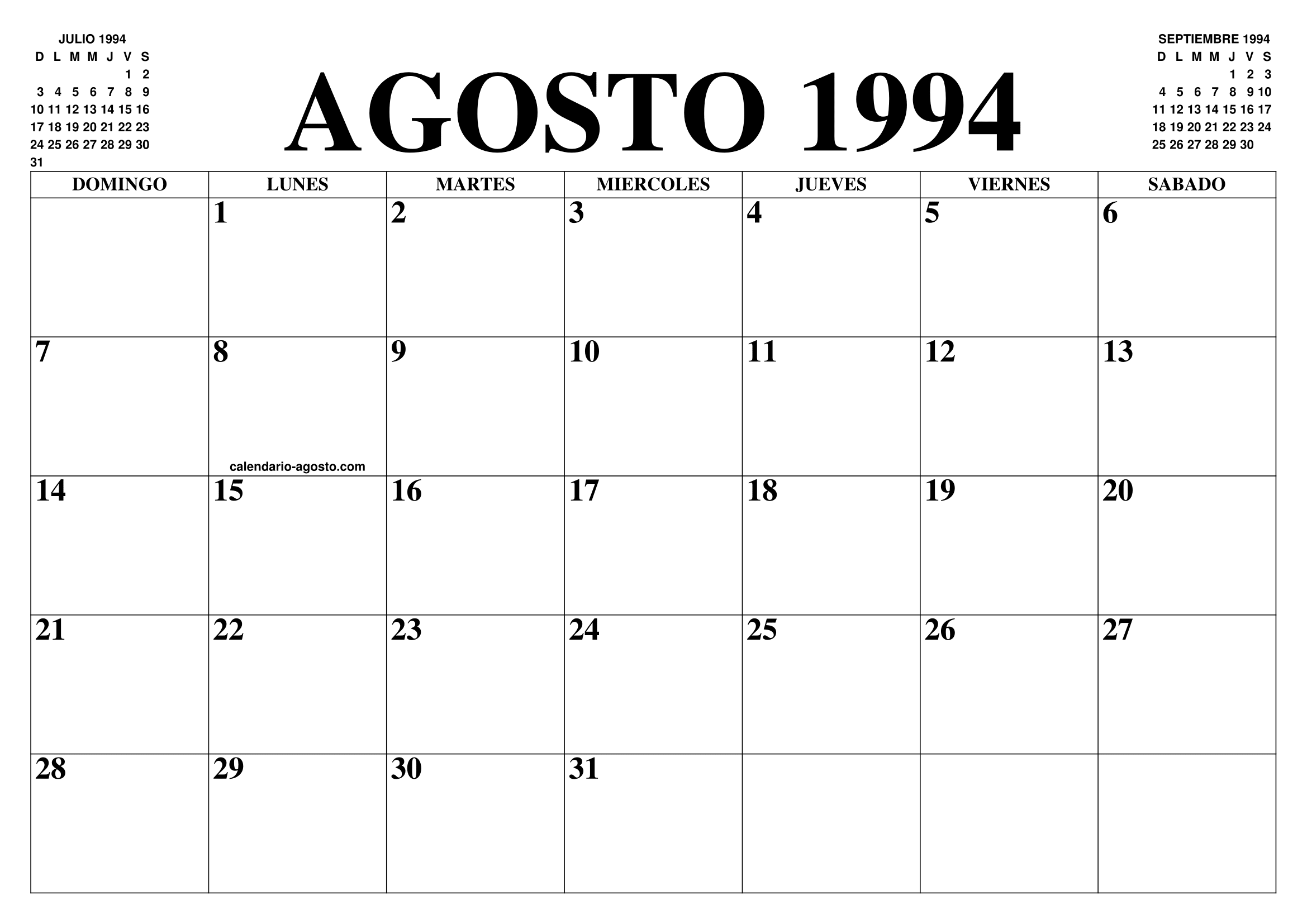 CALENDARIO AGOSTO 1994 EL CALENDARIO AGOSTO PARA IMPRIMIR GRATIS