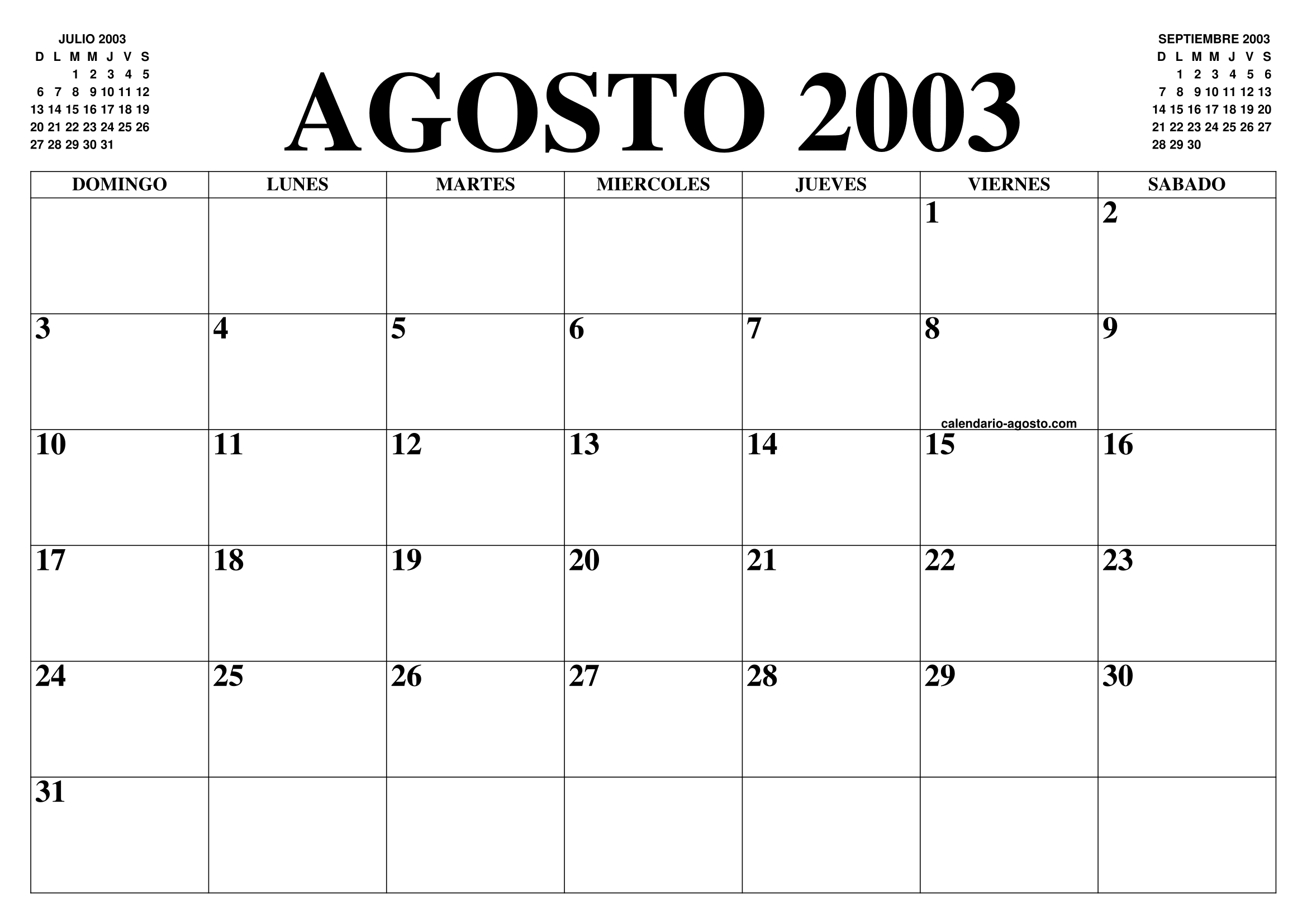 CALENDARIO AGOSTO 2003 : EL CALENDARIO AGOSTO PARA IMPRIMIR GRATIS ...