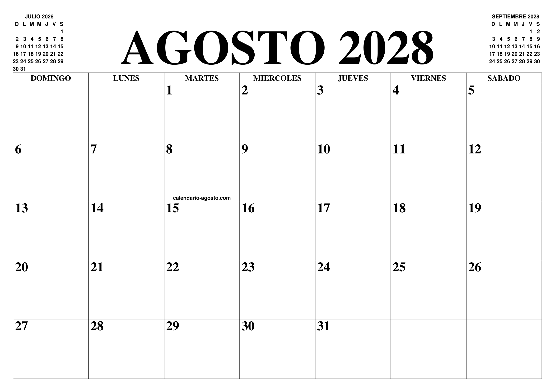 CALENDARIO AGOSTO 2028 EL CALENDARIO AGOSTO PARA IMPRIMIR GRATIS